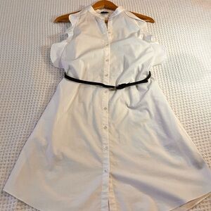 Worthington Sleeveless White Button-Front Midi Dress with Black Belt